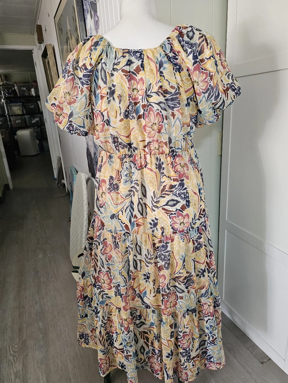 Anthro Patrons of Peace Floral Tiered Midi Dress Sz L (10-12) Boho Puff Sleeve - Picture 2 of 12